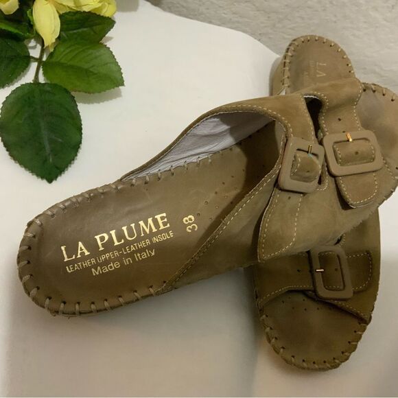 La Plume Tan  Leather Slide Wedge 2 Buckle Sandals Size 38 - Picture 10 of 11